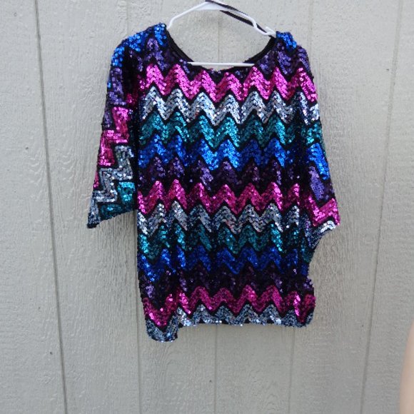 NOS Vtg 80s Sequin Multi Evening Party Formal Sweater L Silver Pink Green Purple - Picture 7 of 12
